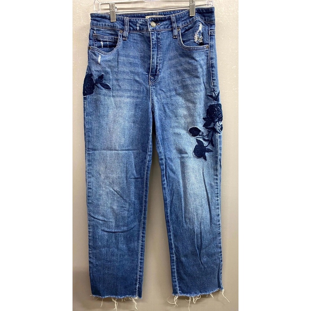 Harper Heritage Straight Jeans Women 29 Blue Denim Embroidered High Rise Raw Hem